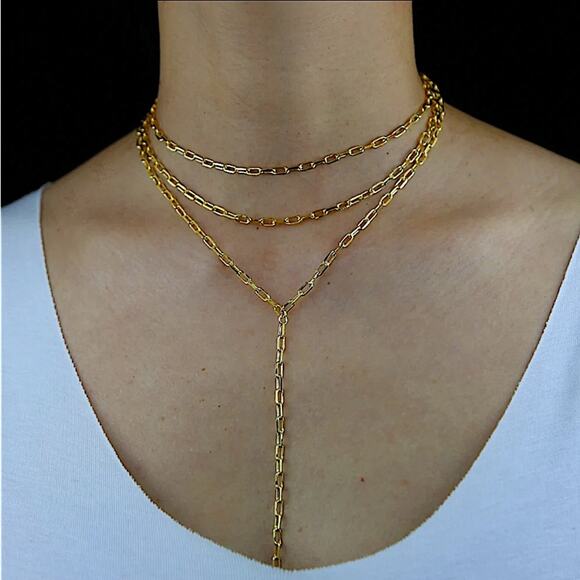 Gold Plated Paperclip Necklace, Multilayer, Minimalist, Boho, Statement - Picture 3 of 6